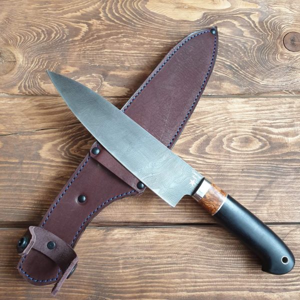 нож  Шеф-повар большой из дамасской стали, с рукоятью из стабилизированного черного граба и карельской берёзы